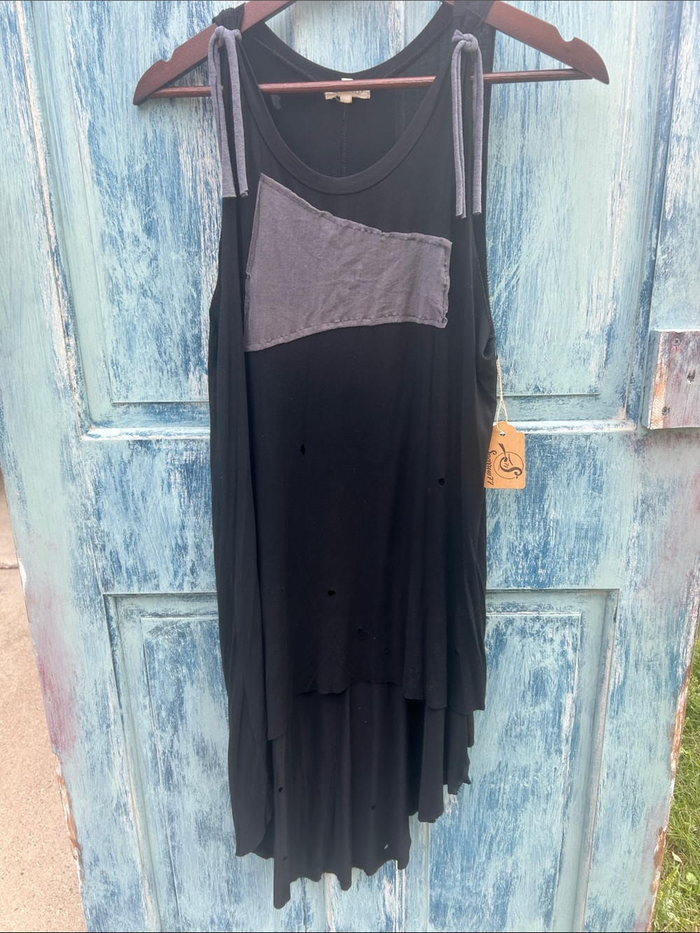 Upcycled gilded intent distressed asymmetrical post apocalyptic tank tunic